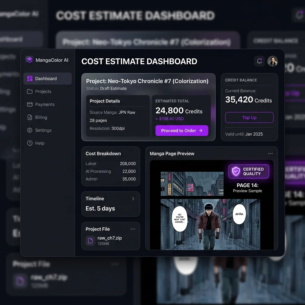 Batch manga cost estimate dashboard UI mockup
