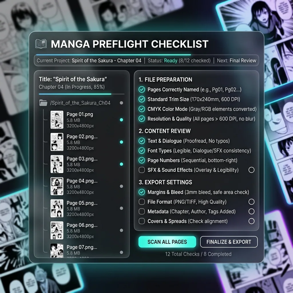 Manga preflight checklist and readiness UI mockup