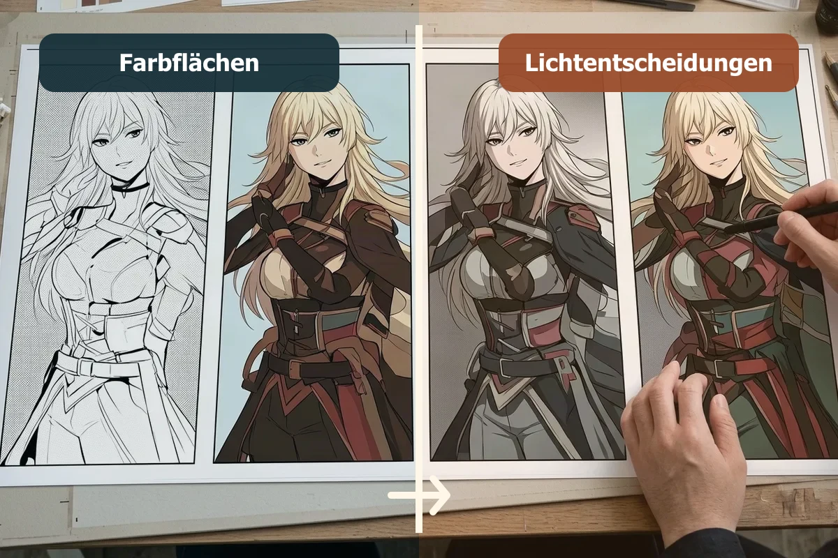 Basisfarben und Schattierung beim Manga-Kolorieren: Was sich automatisieren lässt und was Handarbeit bleibt: Vergleich der Lichtführung