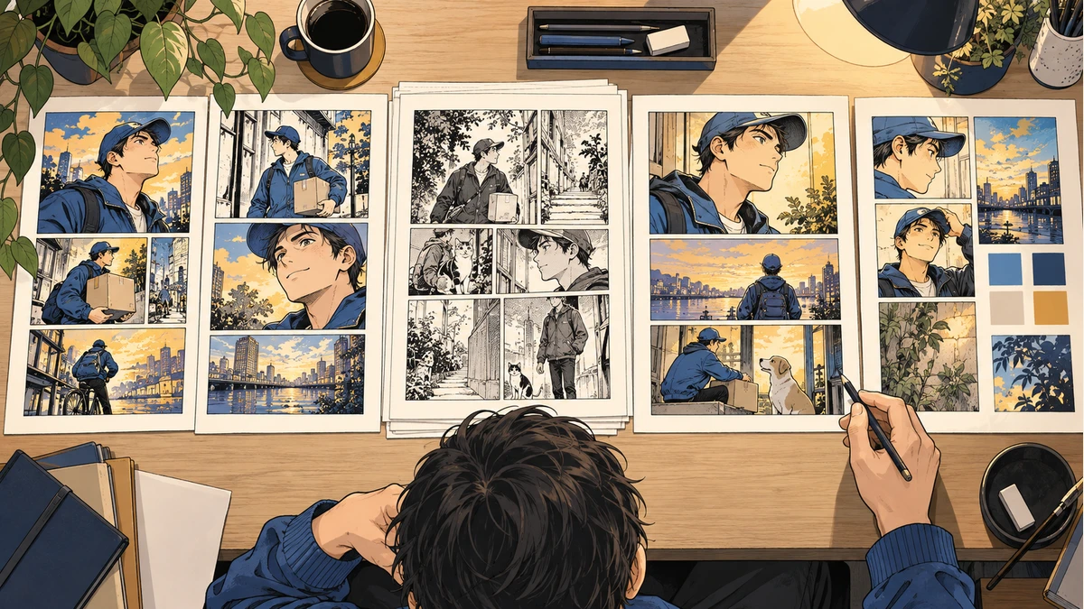 Editorial illustration of a creator reviewing original manga pages and a palette reference