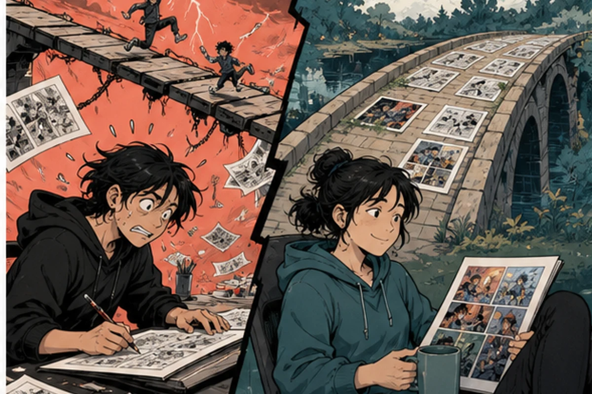 Two comic schedules compared: a fragile just-in-time chain and a reviewed release buffer