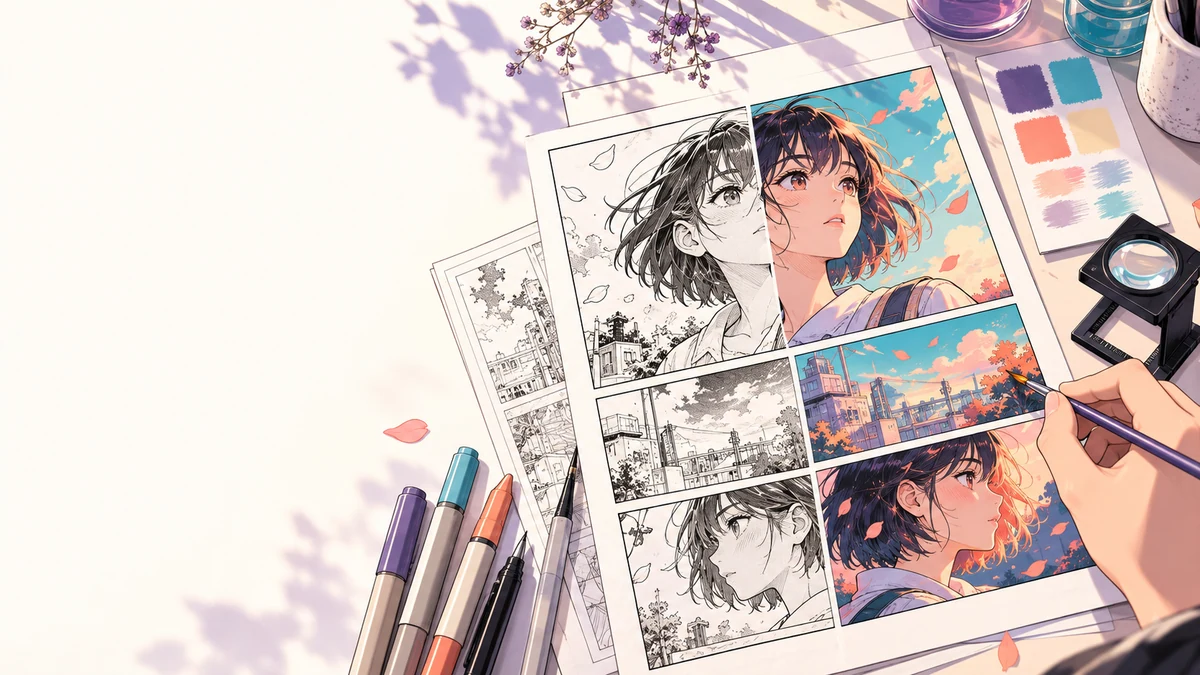 A manga page moving from black-and-white line art to a reviewed color version