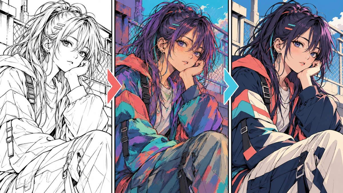 Comparison of line art, an uncontrolled pass, and a reviewed final pass