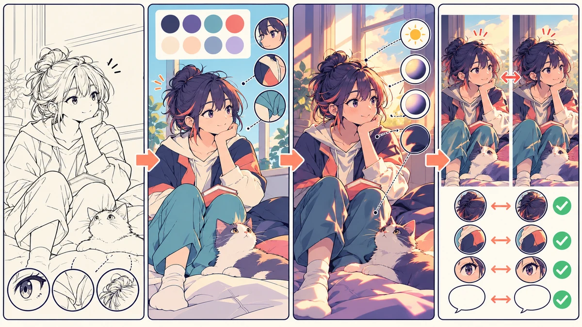 Four-stage workflow from line art and palette to lighting and consistency review