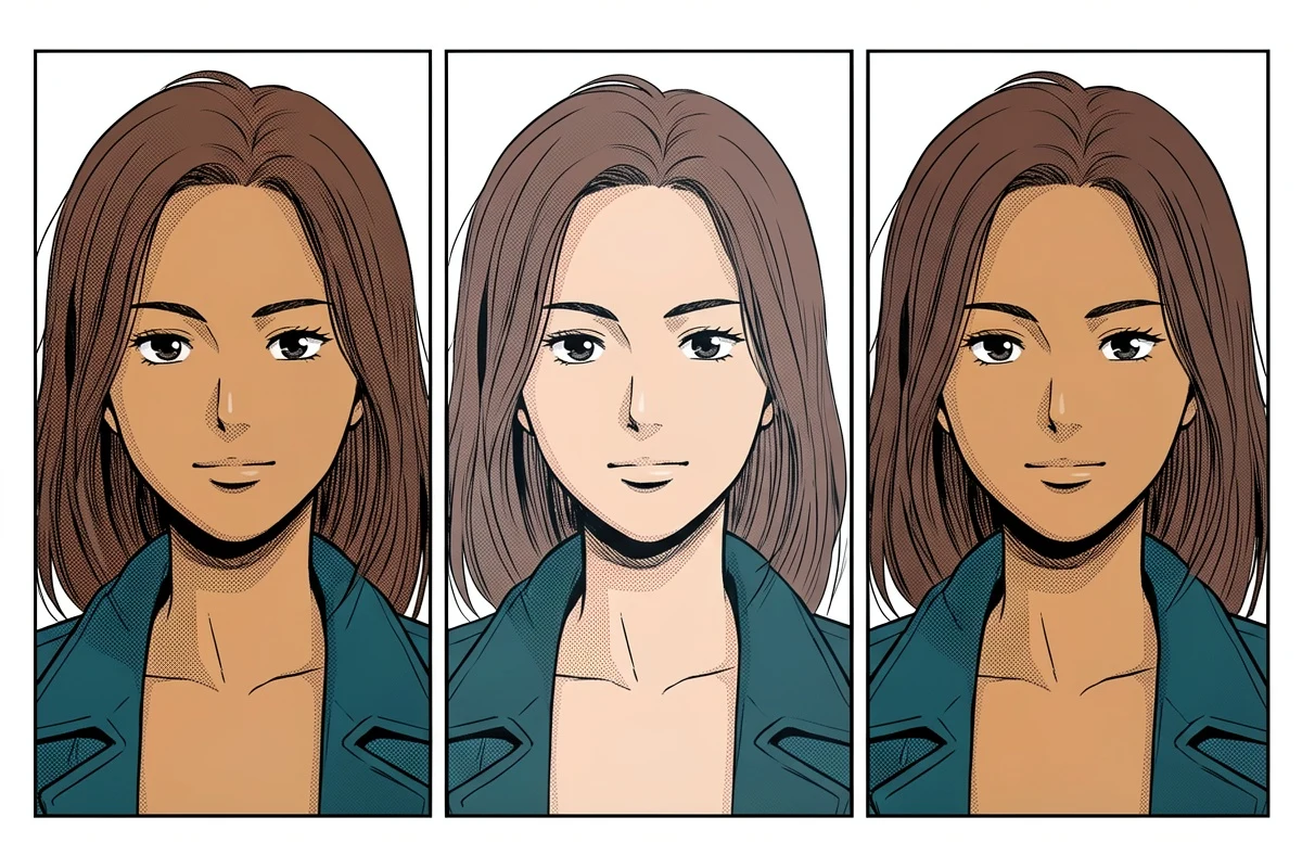 Three matching manga panels comparing an approved palette, a desaturated color drift, and the corrected result