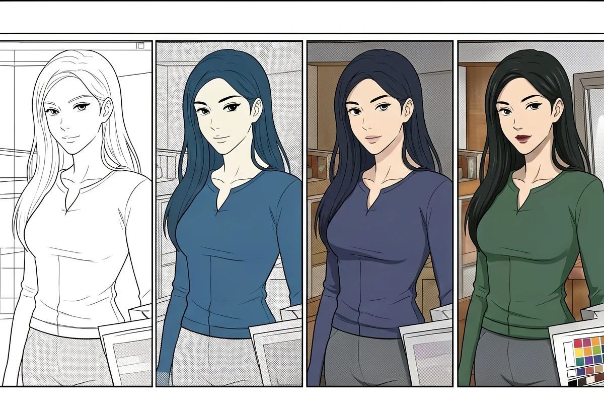 A recurring manga character shown beside a stable palette and review stages