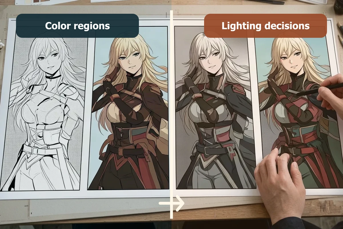 Manga Shading vs. Flat Colors: What to Automate and What to Keep Manual: lighting comparison