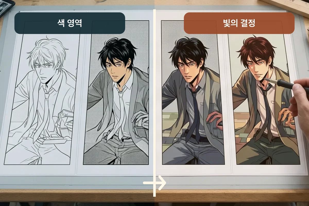 만화 밑색과 명암: 자동화할 작업과 직접 손볼 작업: 밑색 오류와 명암 오류 비교
