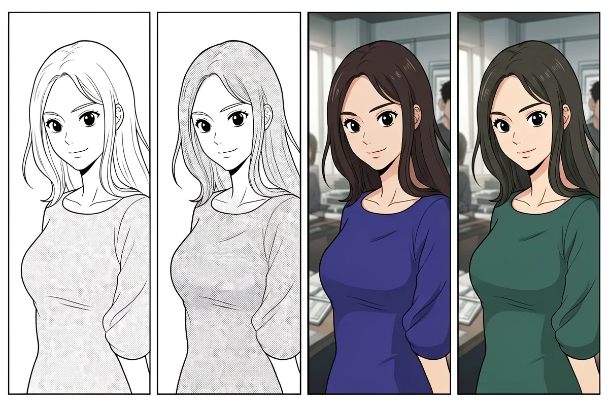 동일한 만화 캐릭터와 고정 팔레트, 장면 조명, 검수 단계