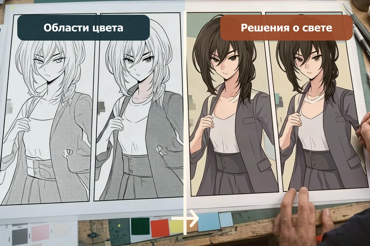Флэты и тени в манге: Что автоматизировать, а что оставить художнику: сравнение света и материалов