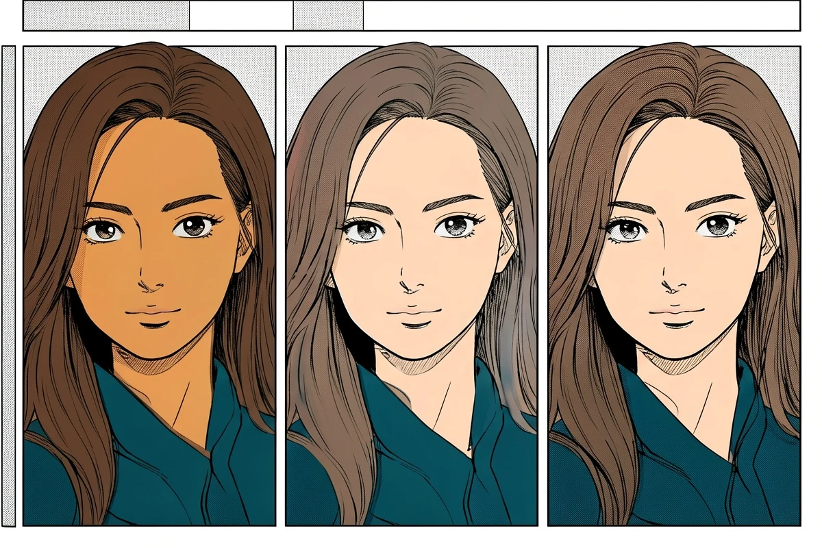 三张相同漫画分格对比通过色板、去饱和色偏与修正结果