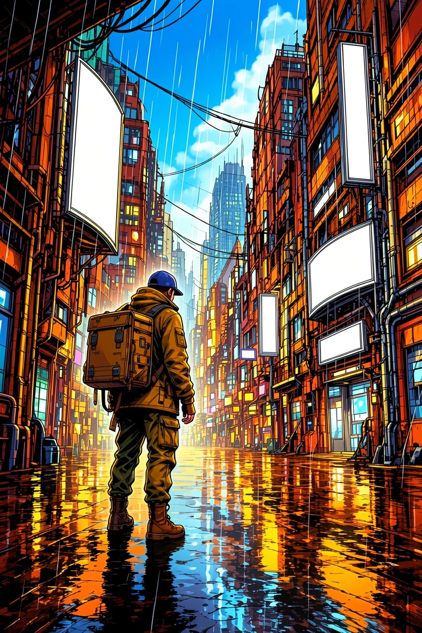 Vibrant AI-colored night city manga result