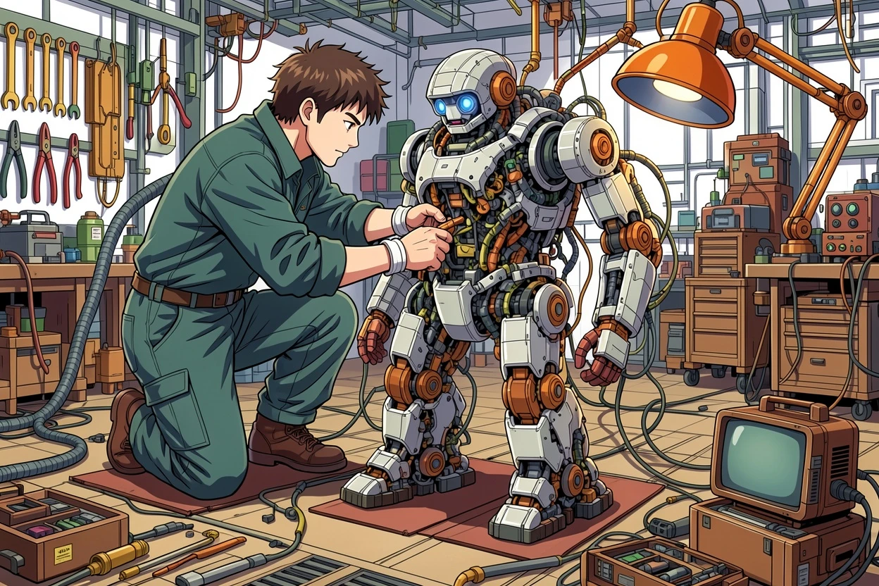 Cel-shaded AI-colored mecha workshop manga result