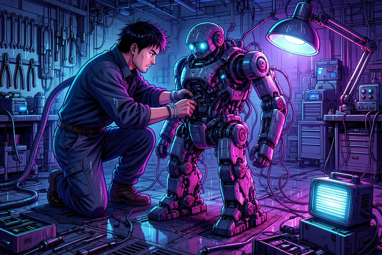 Neon Noir AI-colored mecha workshop manga result