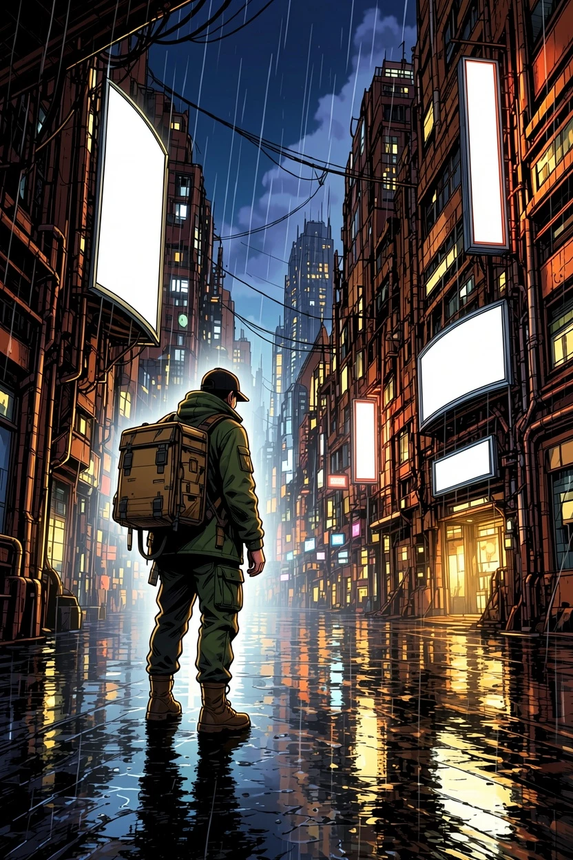 Dramatic AI-colored night city manga result