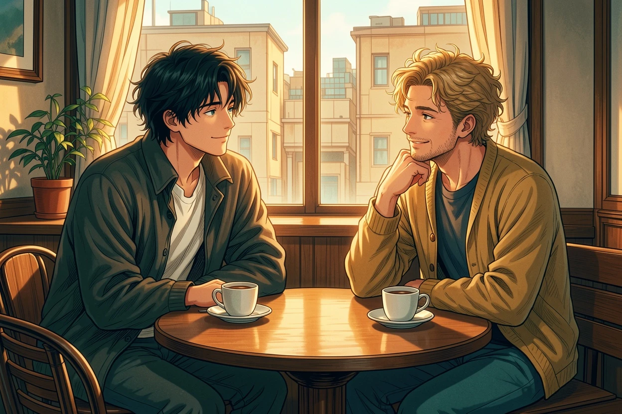 Warm Cinematic AI-colored two person dialogue manga result