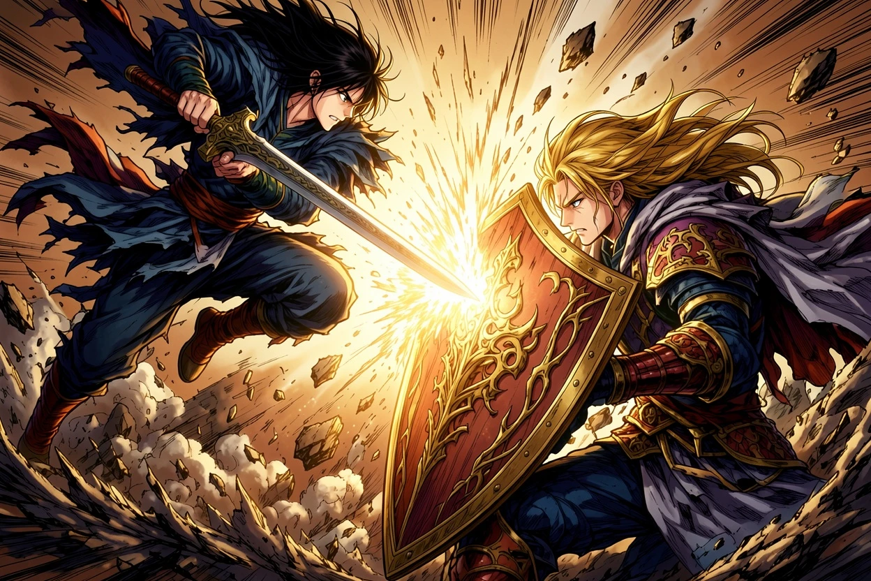 Dramatic AI-colored action fight manga result