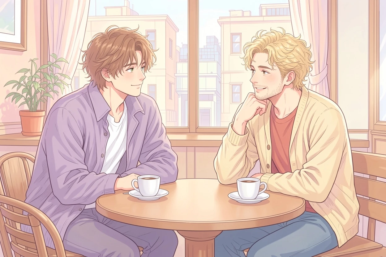 Soft Pastel AI-colored two person dialogue manga result