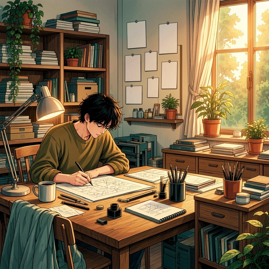 Warm Cinematic AI-colored interior manga result