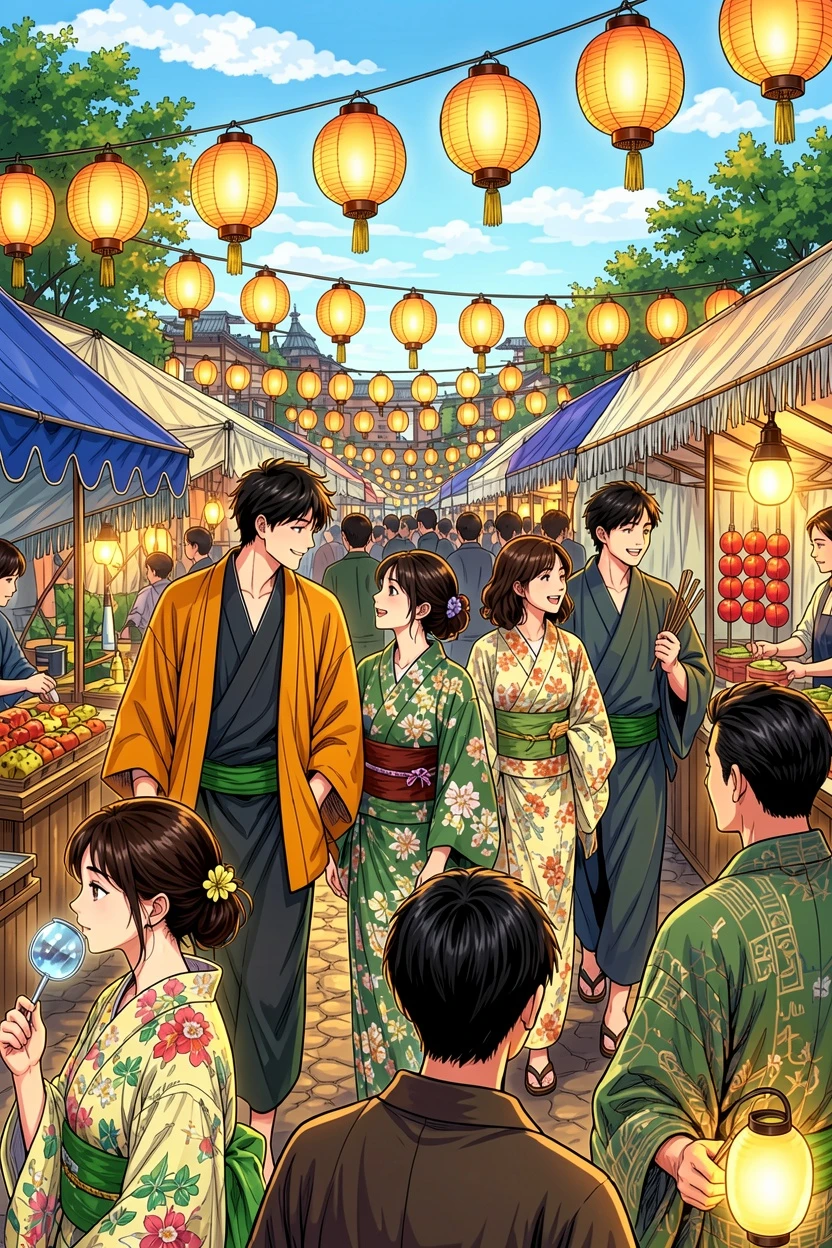 Vibrant AI-colored festival crowd manga result