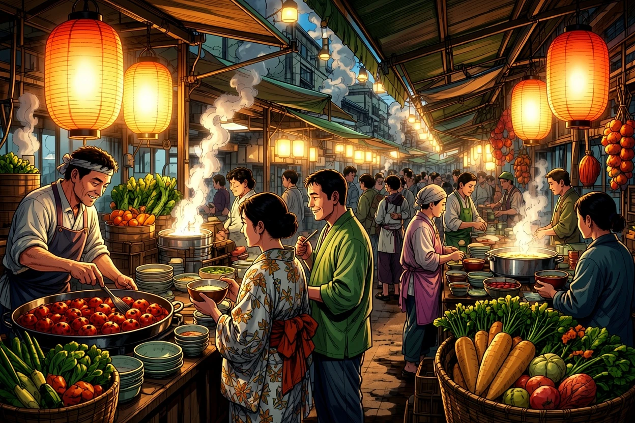 Dramatic AI-colored food market manga result