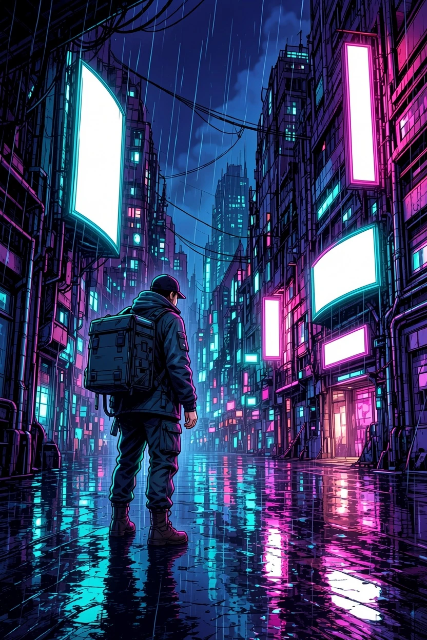 Neon Noir AI-colored night city manga result