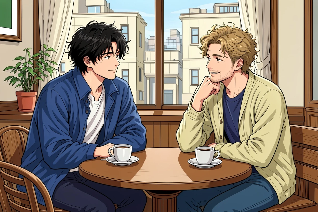 Flat Color AI-colored two person dialogue manga result