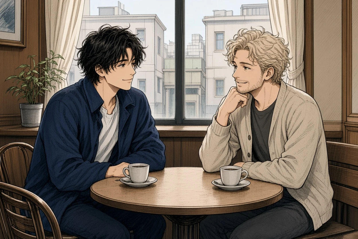 Natural AI-colored two person dialogue manga result