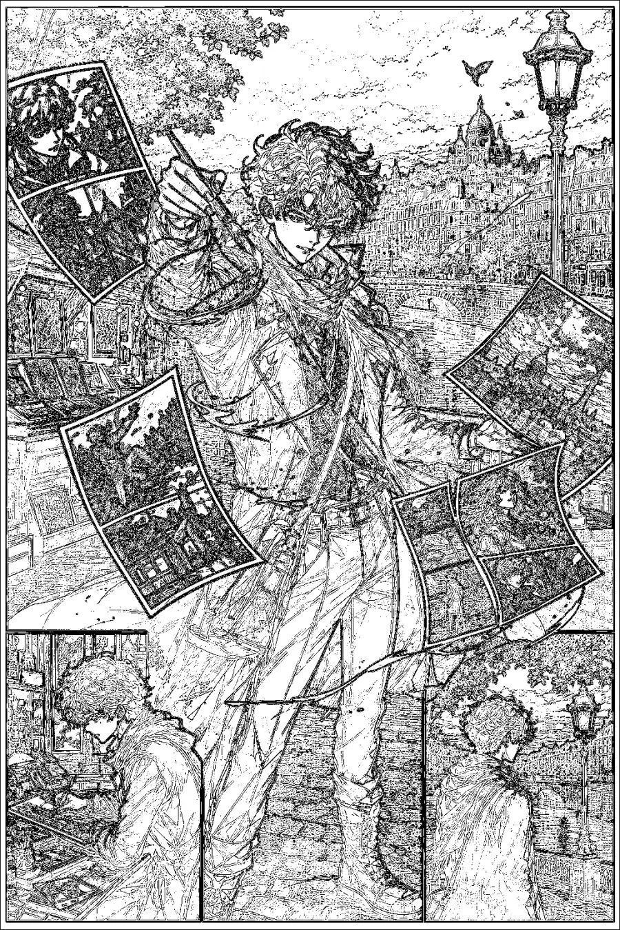 Monochrome illustrator and Paris-style city demonstration source